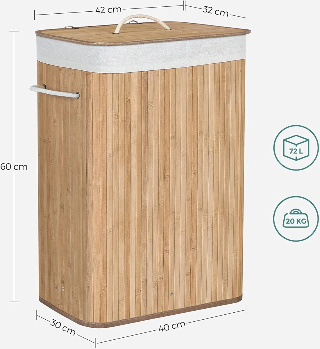 Merkloos Bamboe Wasmand Met Deksel, Katoenen Zak En Handvaten - 72L - Natuurlijk Bruin 4 Merkloos Bamboe Wasmand Met Deksel, Katoenen Zak En Handvaten - 72L - Natuurlijk Bruin - Afbeelding 2