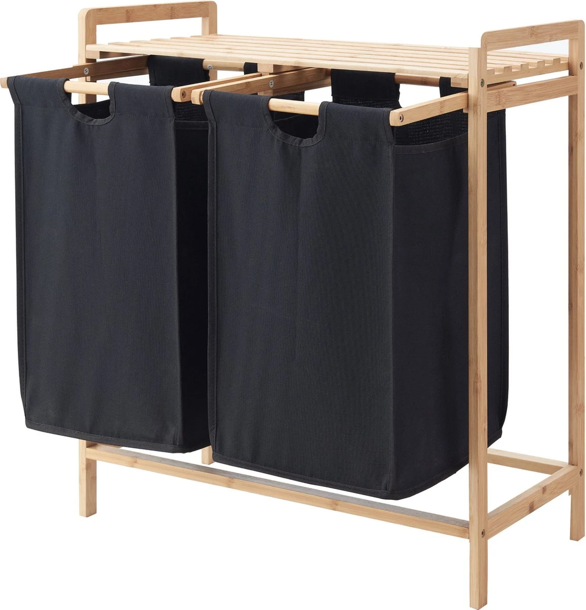 ACAZA Wasmand Met 2 Uitschuifbare Waszakken - Wassorteerder - 44 Liter - Bamboe - 73.5x64.5x33 Cm - Zwart 4 ACAZA Wasmand Met 2 Uitschuifbare Waszakken - Wassorteerder - 44 Liter - Bamboe - 73.5x64.5x33 Cm - Zwart - Afbeelding 2