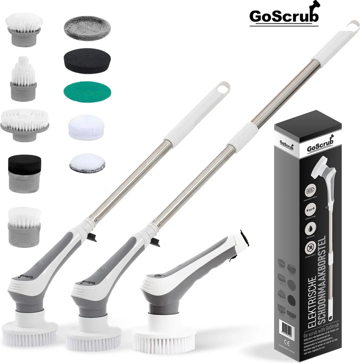 GoScrub® Elektrische Schoonmaakborstel – Elektrische Schrobber - Schrobborstel – Voor Badkamer Of Keuken – Schrobber Met Steel – Luiwagen – Polijstmachine - Poetsmachine Met 10 Opzetstukken 3 GoScrub® Elektrische Schoonmaakborstel – Elektrische Schrobber - Schrobborstel – Voor Badkamer Of Keuken – Schrobber Met Steel – Luiwagen – Polijstmachine - Poetsmachine Met 10 Opzetstukken