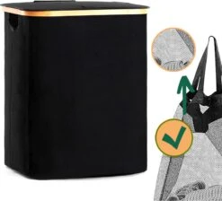Opvouwbare Wasmand Met Deksel – Wassorteerder – Wasmanden – Wasmand Bamboe – Zwart - 60Liter