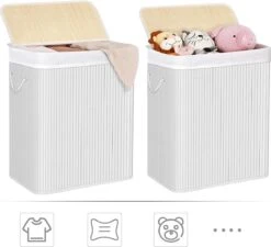 Songmics Wasmand 100 L, Bamboe Wasmand, Wasmand Met Handvaten, Deksel Met Clips, Opvouwbaar, Waszak Verwijderbaar, Wit LCB071W01 -Schone Winkel 1200x1093 1