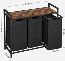 Wasmand, Wasverzamelaar, 3 Vakken, Met Legbord, Wassorteerbak, Waszak Uitschuifbaar En Uitneembaar, Per Waszak 38 Liter, Voor Badkamer, Wasruimte, Vintage Bruin-zwart -Schone Winkel 1200x1139 4