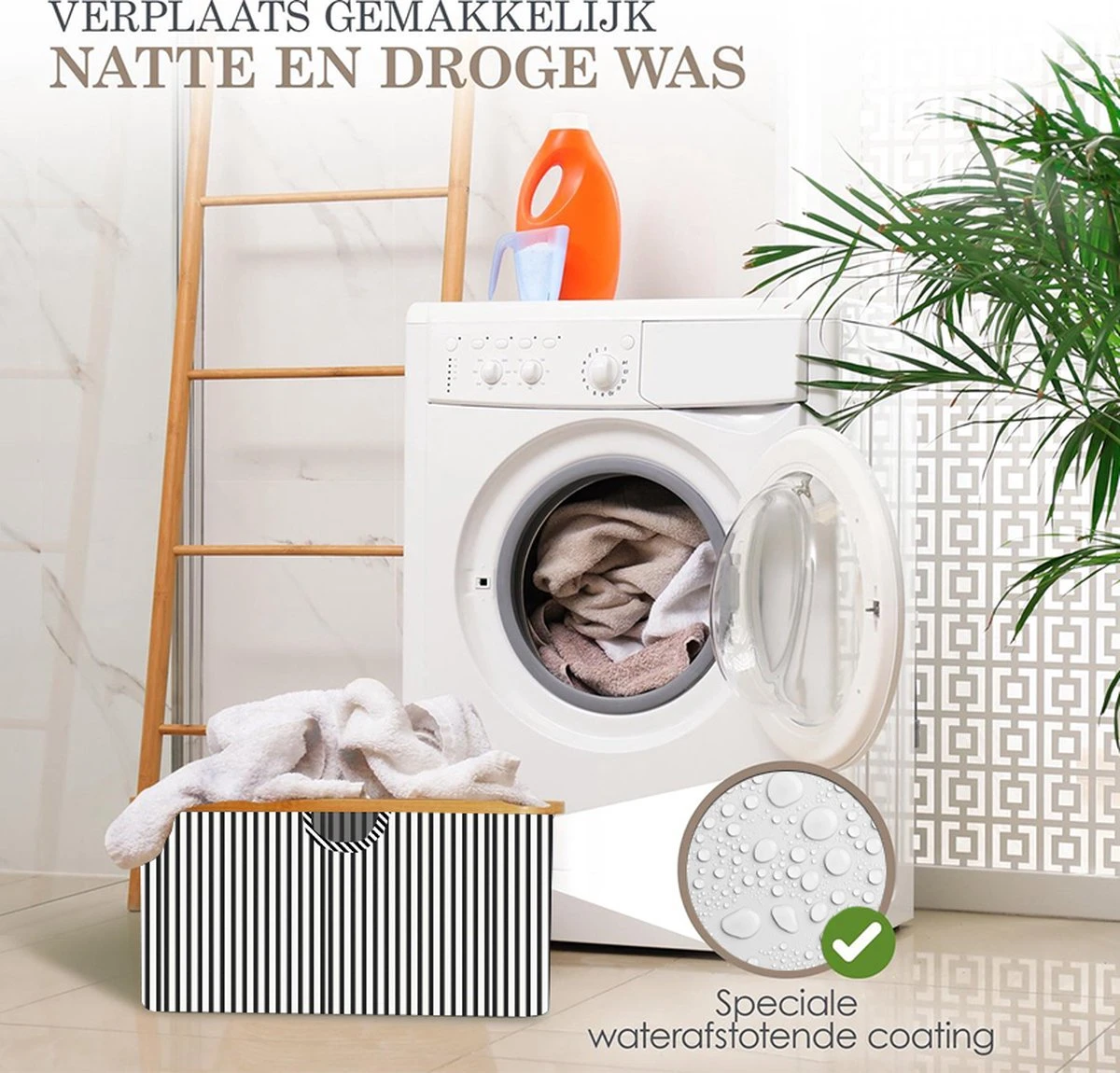 MIRI Opvouwbare Wasmand – Heupwasmand – Gestreept – Wasmanden – Opbergmand – Wasbox – 45L – Bamboe – Laundry Basket 9 MIRI Opvouwbare Wasmand – Heupwasmand – Gestreept – Wasmanden – Opbergmand – Wasbox – 45L – Bamboe – Laundry Basket - Afbeelding 7