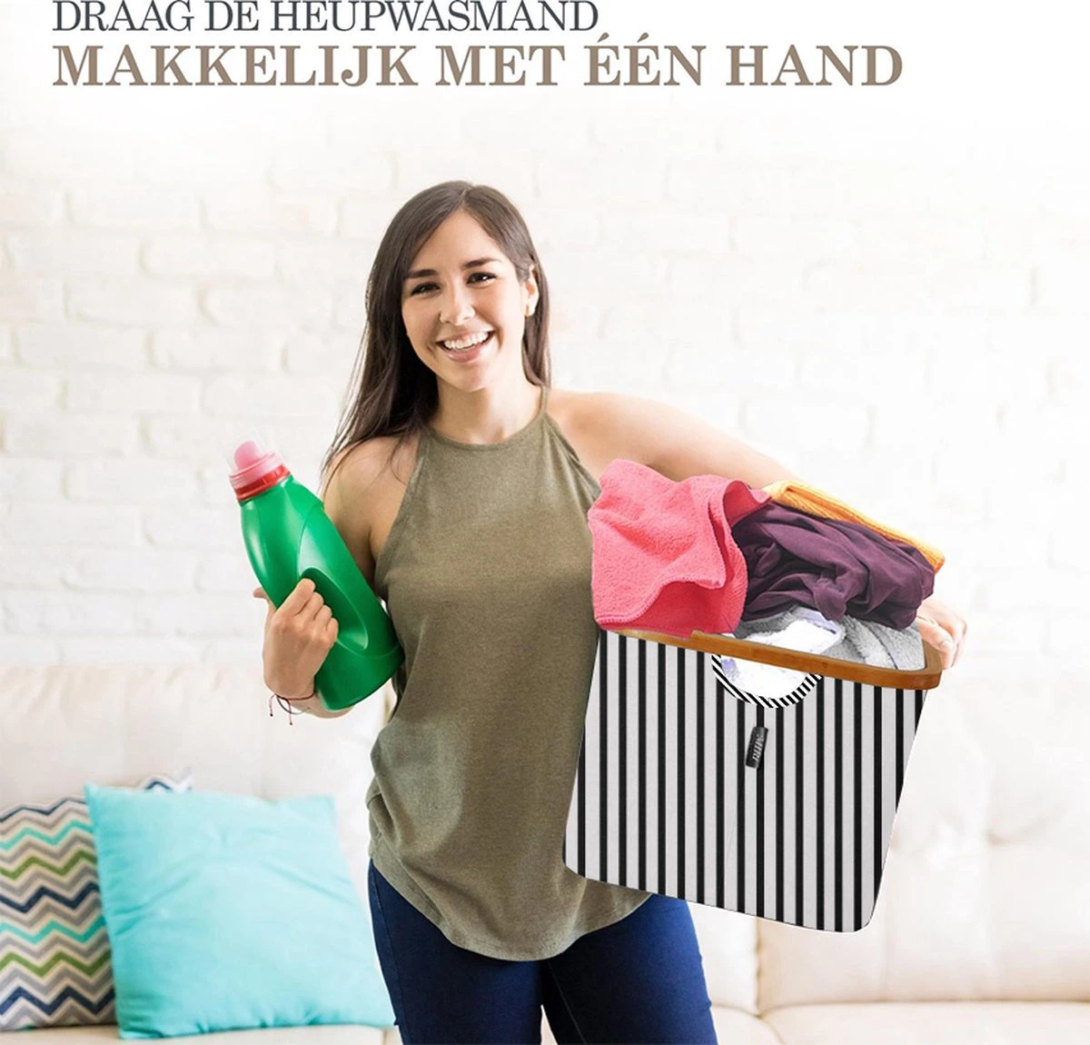 MIRI Opvouwbare Wasmand – Heupwasmand – Gestreept – Wasmanden – Opbergmand – Wasbox – 45L – Bamboe – Laundry Basket 4 MIRI Opvouwbare Wasmand – Heupwasmand – Gestreept – Wasmanden – Opbergmand – Wasbox – 45L – Bamboe – Laundry Basket - Afbeelding 2