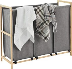 ACAZA Grote Wassorteerder Met 3 Vakken - XL Wasmand - Stof / Bamboe - Grijs