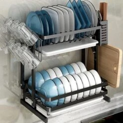 Doogo® Afdruiprek Met Lekbak 2 Laags – Inklapbaar - Muur Hangen Mogelijke - Afwasrek – Met 2 Lekbakken – Extra Accessories Voor Servies En Snijplanken - RVS -Schone Winkel 1200x1200 1223