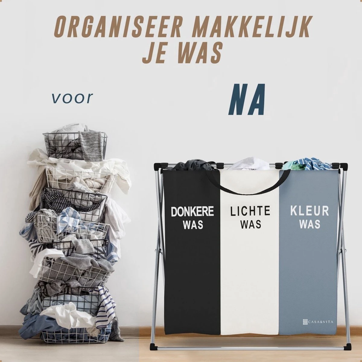 Casa & Vita Wasmand 3 Vakken - Wassorteerder - Wasbox - Laundry Basket - Organizer Kleding - Driedubbele Wasmand - 90L 8 Casa & Vita Wasmand 3 Vakken - Wassorteerder - Wasbox - Laundry Basket - Organizer Kleding - Driedubbele Wasmand - 90L - Afbeelding 6