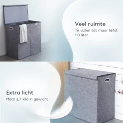 Zonovi Wasmand – 3 Vakken Met Deksel – Opvouwbaar – Wassorteerder – Dubbele Wasmand – Laundry Basket – Wasbox – Organizer Kleding - Stof – Grijs – 110 Liter -Schone Winkel 1200x1200 1798