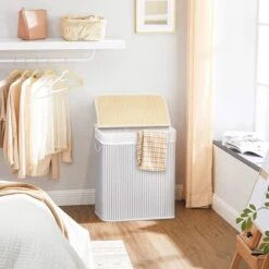 Songmics Wasmand 100 L, Bamboe Wasmand, Wasmand Met Handvaten, Deksel Met Clips, Opvouwbaar, Waszak Verwijderbaar, Wit LCB071W01 -Schone Winkel 1200x1200 1834