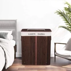 Springos Dubbele Wasmand | 2 Vakken Met Deksel | Opvouwbaar | 100 Liter | Met Uitneembare Waszak | Wasmand | Bruin -Schone Winkel 1200x1200 1909