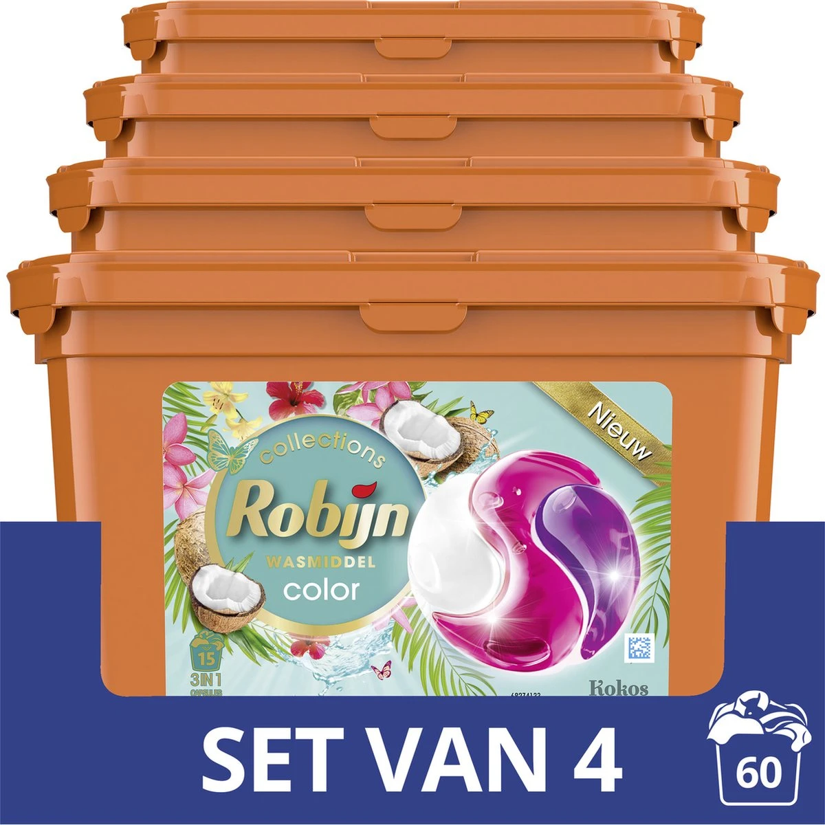 Robijn Kokos 3 In 1 Wascapsules - 4 X 15 Wasbeurten - Voordeelverpakking 3 Robijn Kokos 3 In 1 Wascapsules - 4 X 15 Wasbeurten - Voordeelverpakking