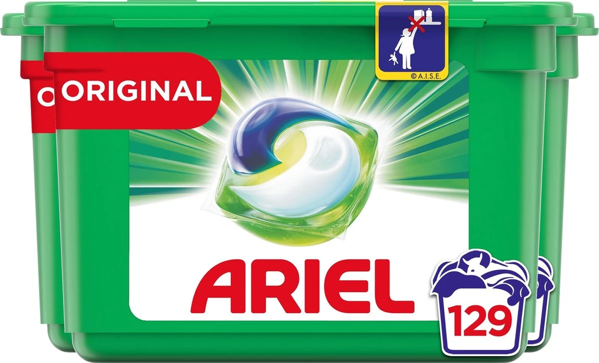 Ariel All In 1 Wasmiddel Pods - Original Wit - 3x43 Wasbeurten - Voordeelverpakking 4 Ariel All In 1 Wasmiddel Pods - Original Wit - 3x43 Wasbeurten - Voordeelverpakking - Afbeelding 2