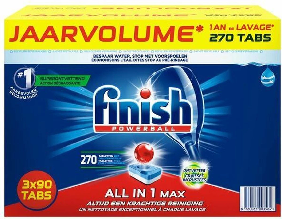 Finish Powerball All In 1 Max Ontvetter Vaatwastabletten Jaarvolume - 270 Tabs 3 Finish Powerball All In 1 Max Ontvetter Vaatwastabletten Jaarvolume - 270 Tabs
