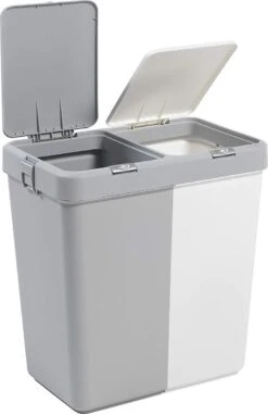 Nieuwe Producten 1 Motek® - Wasmand - 2 Vakken Met Deksel - Met Touch Deksel - Gemaakt Van 100% Gerecycled Kunststof - 80 L - Wasmand Met Deksel - Wassorteerder - Grijs - Wit