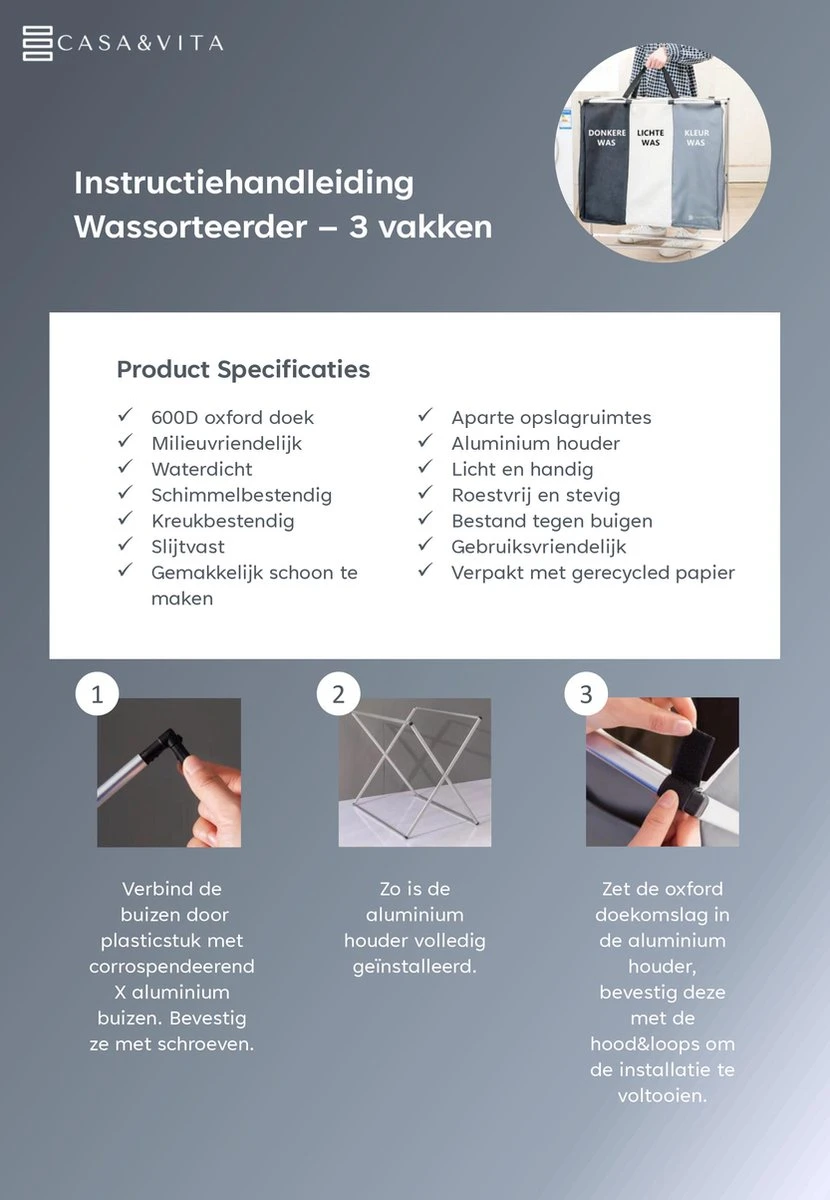 Casa & Vita Wasmand 3 Vakken - Wassorteerder - Wasbox - Laundry Basket - Organizer Kleding - Driedubbele Wasmand - 90L 4 Casa & Vita Wasmand 3 Vakken - Wassorteerder - Wasbox - Laundry Basket - Organizer Kleding - Driedubbele Wasmand - 90L - Afbeelding 2