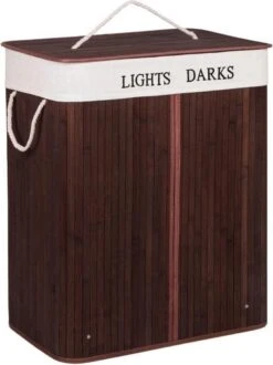 Springos Dubbele Wasmand | 2 Vakken Met Deksel | Opvouwbaar | 100 Liter | Met Uitneembare Waszak | Wasmand | Bruin