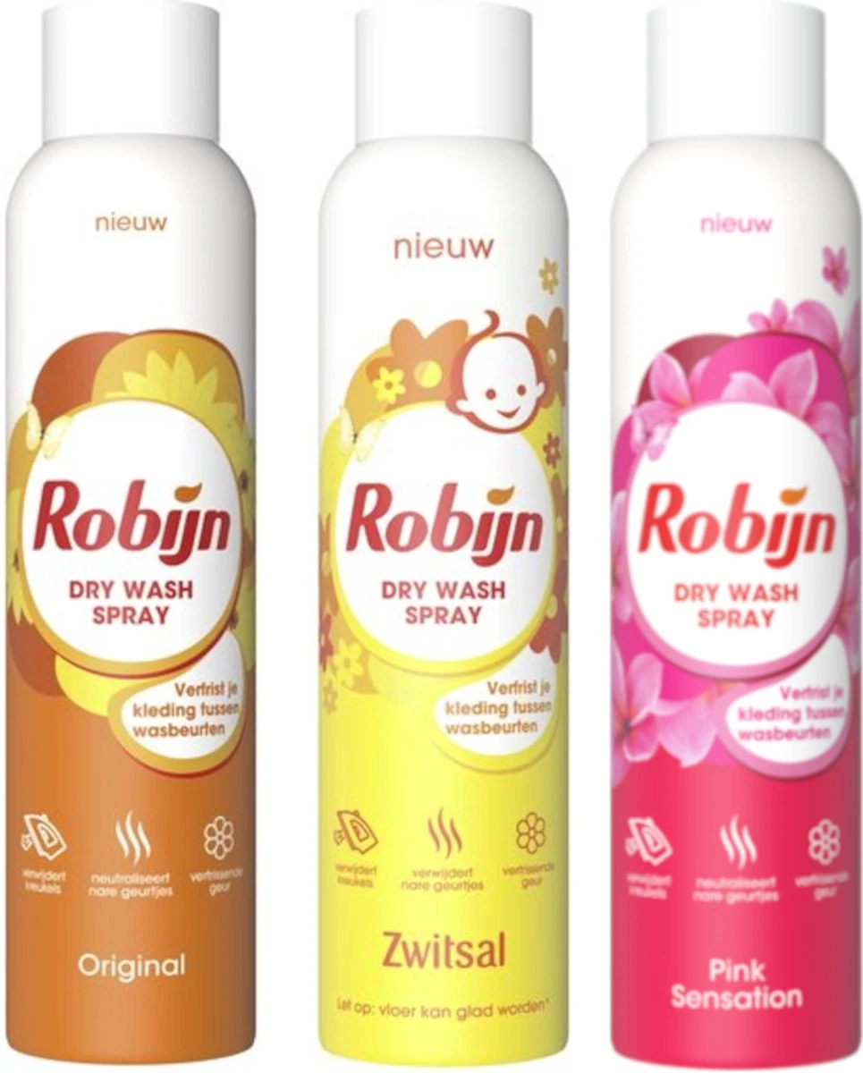 Robijn Dry Wash Spray MIX - Zwitsal / Pink / Original - Voordeelverpakking 3 X 200 Ml 3 Robijn Dry Wash Spray MIX - Zwitsal / Pink / Original - Voordeelverpakking 3 X 200 Ml