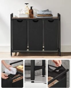 Wasmand, Wasverzamelaar, 3 Vakken, Met Legbord, Wassorteerbak, Waszak Uitschuifbaar En Uitneembaar, Per Waszak 38 Liter, Voor Badkamer, Wasruimte, Vintage Bruin-zwart -Schone Winkel 972x1200 3