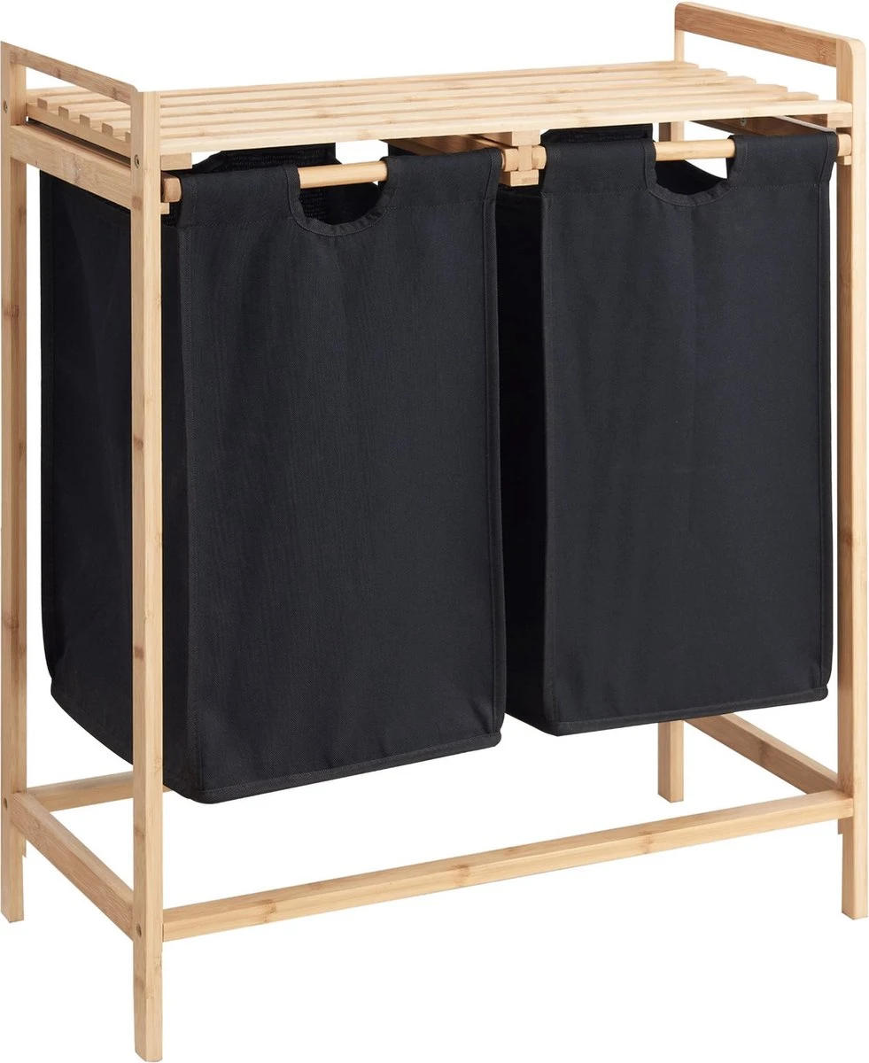 ACAZA Wasmand Met 2 Uitschuifbare Waszakken - Wassorteerder - 44 Liter - Bamboe - 73.5x64.5x33 Cm - Zwart 3 ACAZA Wasmand Met 2 Uitschuifbare Waszakken - Wassorteerder - 44 Liter - Bamboe - 73.5x64.5x33 Cm - Zwart